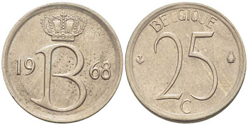 Бельгия 25 сантимов 1968 Belgique, Бодуэн I (1951-1993) KM 153.1 медно-никель 214-431