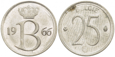 Бельгия 25 сантимов 1966 Belgie, Бодуэн I (1951-1993) KM 154.1 медно-никель 4528-134