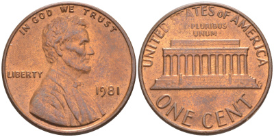 США 1 ЦЕНТ 1981 ЛИНКОЛЬН KM 201 медь цинк UNC 187-734
