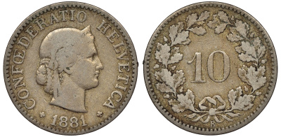 Швейцария 10 раппенов 1881 KM 27 медно-никель 4561-844