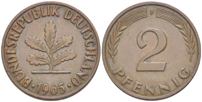 ФРГ 2 ПФЕННИГА 1965 F KM 106, J. 381 бронза 4181-744