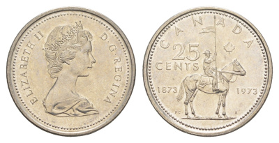 Канада 25 центов 1973 100 лет конной полиции Канады KM 81 никель UNC 4652-732