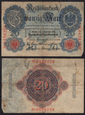 Германия 20 марок 1914 Pick 46 b бумага 6293-58-2-1