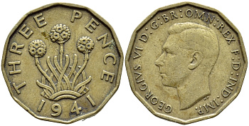 Великобритания 3 пенса 1941 Георг VI (1936-1952) KM 849, Spink 4112 никель латунь 4395-1143