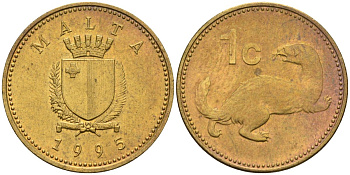 Мальта 1 цент 1995 ласка, горностай KM 93 никель латунь 4585-1227