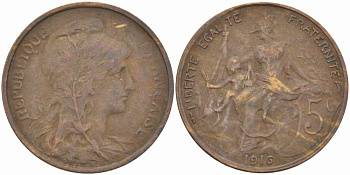 ФРАНЦИЯ 5 САНТИМОВ 1916 ТИП ДАНИЭЛЬ ДЮПЮИ KM 842, LE FRANC 119.28 бронза 108-956