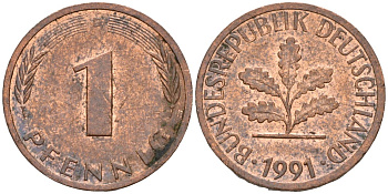 ФРГ 1 пфенниг 1991 D KM 105, J.380 сталь плакированная медью 3955-1151