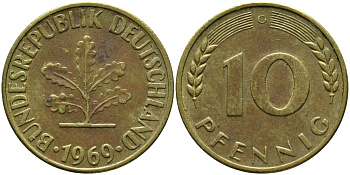ФРГ 10 ПФЕННИГОВ 1969 G KM 108, J.383 сталь плакированная латунью 98-427