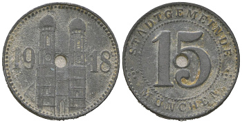 Мюнхен 15 пфеннигов 1918 Funck 348.1A, Men18 22407.1 цинк 4124-367