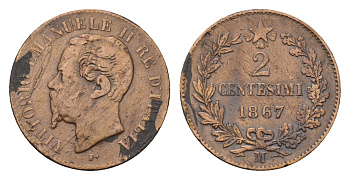 Италия 2 чентезимо 1867 Виктор Эммануил II (1861-1878) KM 2 медь 4627-1064