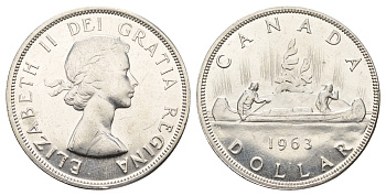 Канада 1 доллар 1963 Елизавета II (1952-2022), каноэ KM 54 серебро aUNC 603-1223
