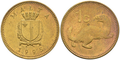 Мальта 1 цент 1995 ласка, горностай KM 93 никель латунь 4585-1227