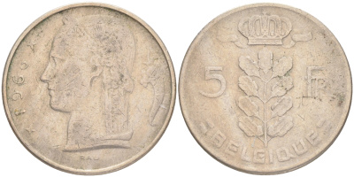 БЕЛЬГИЯ 5 ФРАНКОВ 1966 BELGIQUE KM 134.1 медно-никель 4556-421