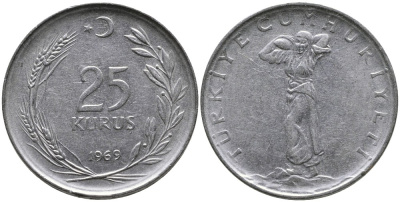 Турция 25 курушей 1969 KM 892.3 нержавеющая сталь 4541-635