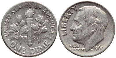 США 10 ЦЕНТОВ = 1 ДАЙМ 1965 РУЗВЕЛЬТ KM 195а медь плакированная медно-никелем 4396-439