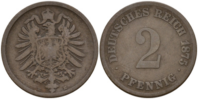 Германия 2 пфеннига 1875 E J.2  KM 2 медь    4598-568