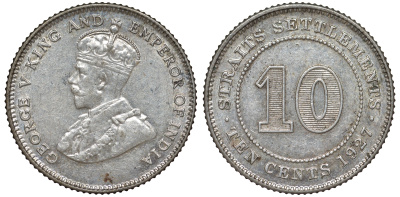 Стрейтс-Сетлментс 10 центов 1927 Георг V (1910-1936) КМ 29b серебро 53-731