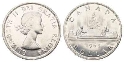 Канада 1 доллар 1963 Елизавета II (1952-2022), каноэ KM 54 серебро aUNC 603-1223