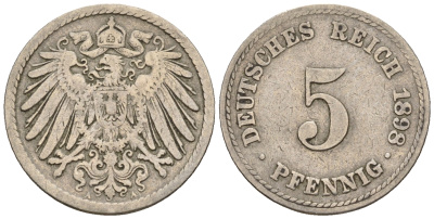 Германия 5 пфеннигов 1897 A, KM 11, J. 12 медно-никель 220-728