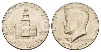 США 1/2 доллара (50 центов) 1976 D, 200 лет независимости, Джон Кеннеди KM 205 медь плакированная медно-никелем aUNC 4545-533