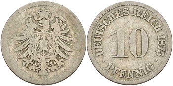 ГЕРМАНИЯ 10 ПФЕННИГОВ 1875 А, СТАРОГЕРБОВКА KM 4, J. 4 медно-никель 175-155