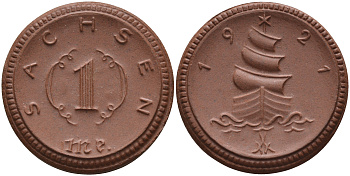 Саксония 1 марка 1921 парусник J. N 55 фарфор 1094-3-63