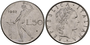 Италия 50 лир 1982 KM 95.1 нержавеющая сталь 4176-253