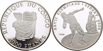 Конго 1000 франков 1999 XXVII олимпийские игры в Сиднее, метание ядра KM 23 серебро PROOF 1080-5-43