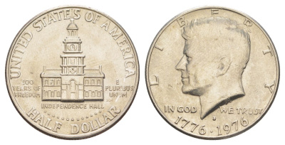 США 1/2 доллара (50 центов) 1976 D, 200 лет независимости, Джон Кеннеди KM 205 медь плакированная медно-никелем aUNC 4545-533