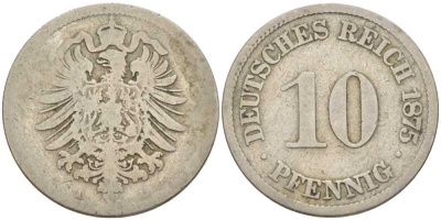 ГЕРМАНИЯ 10 ПФЕННИГОВ 1875 А, СТАРОГЕРБОВКА KM 4, J. 4 медно-никель 175-155