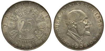 Австрия 25 шиллингов 1958 100 лет со дня рождения Карла Вельсбаха KM 2884 серебро aUNC 1520-123