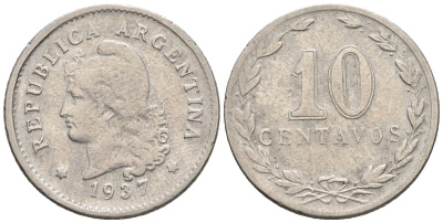 Аргентина 10 сентаво 1937 голова свободы влево KM 35, CJ 124, Schon 38 медно-никель    4609-1142