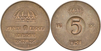 Швеция 5 эре 1966 Густав VI Адольф (1950-1973) KM 822 бронза 4517-145