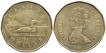 КАНАДА 1 ДОЛЛАР 1987 УТКА, ПЕРВЫЙ ГОД KM 157 никель плакированный позолоченной бронзой 4364-1314