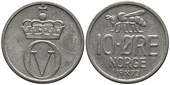Норвегия 10 эре 1973 пчела, Улаф V (1958-1991) KM 411 медно-никель 218-129