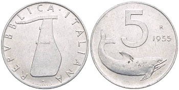 ИТАЛИЯ 5 ЛИР 1955 R, ДЕЛЬФИН, РУЛЬ KM 92 алюминий 4551-115