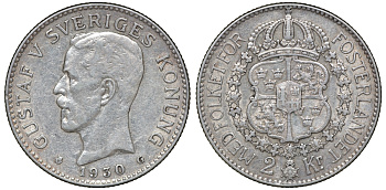 Швеция 2 кроны 1930 G, Густав V (1907-1950) KM 787 серебро 4178-1324