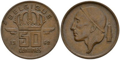 Бельгия 50 сантимов 1962 Belgique, Бодуэн I (1951-1993) KM 148 бронза 4154-1051