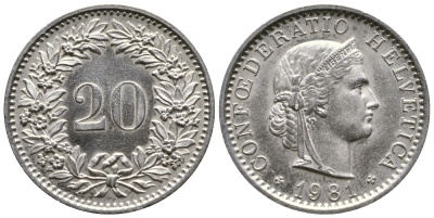 Швейцария 20 раппенов 1981 KM 29а медно-никель 26-526