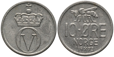 Норвегия 10 эре 1973 пчела, Улаф V (1958-1991) KM 411 медно-никель 218-129