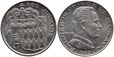 Монако 1 франк 1982 Ренье III (1949-2005) KM 140 никель 4364-715