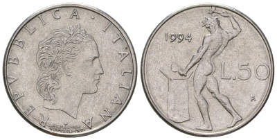 Италия 50 лир 1994 R, бог огня Вулкан у наковальни KM 95.2 нержавеющая сталь 4668-1161