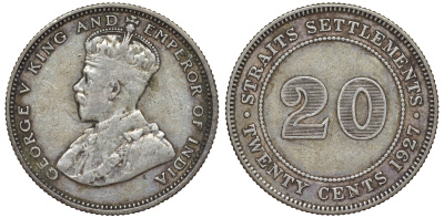 Стрейтс-Сетлментс 20 центов 1927 Георг V (1910-1936) КМ 30b серебро 53-825
