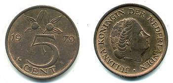Нидерланды 5 центов 1979 Юлиана (1948-1980) KM 181 бронза 76-453