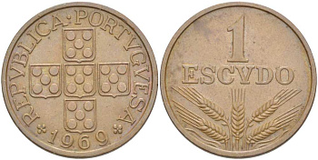 Португалия 1 эскудо 1969 первый год KM 597 бронза 4517-442