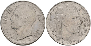 ИТАЛИЯ 20 ЧЕНТЕЗИМО 1942 R, ГОД XX, ВИКТОР ЭММАНУИЛ III (1900-1946), МАГНИТНАЯ, ГУРТ РИФЛЁНЫЙ KM 75b, VEM3. 1029 нержавеющая сталь 3853-441