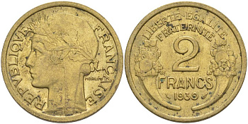 ФРАНЦИЯ 2 ФРАНКА 1939 ТИП MORLON KM 886, LE FRANC 268.12 алюминиевая бронза 3855-146