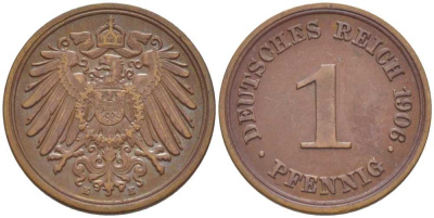 ГЕРМАНИЯ 1 ПФЕННИГ 1906 E KM 10, J. 10, Weege 2 медь 211-346