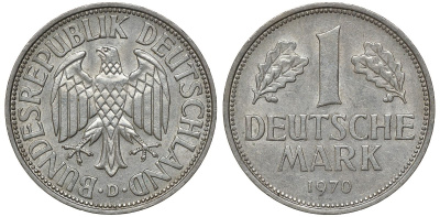 ФРГ 1 МАРКА 1970 D, KM 110, J. 385 медно-никель aUNC 72-814