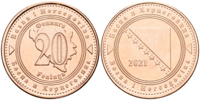 Босния и Герцеговина 20 фенигов 2021 KM 116 сталь плакированная медью UNC 4514-1237